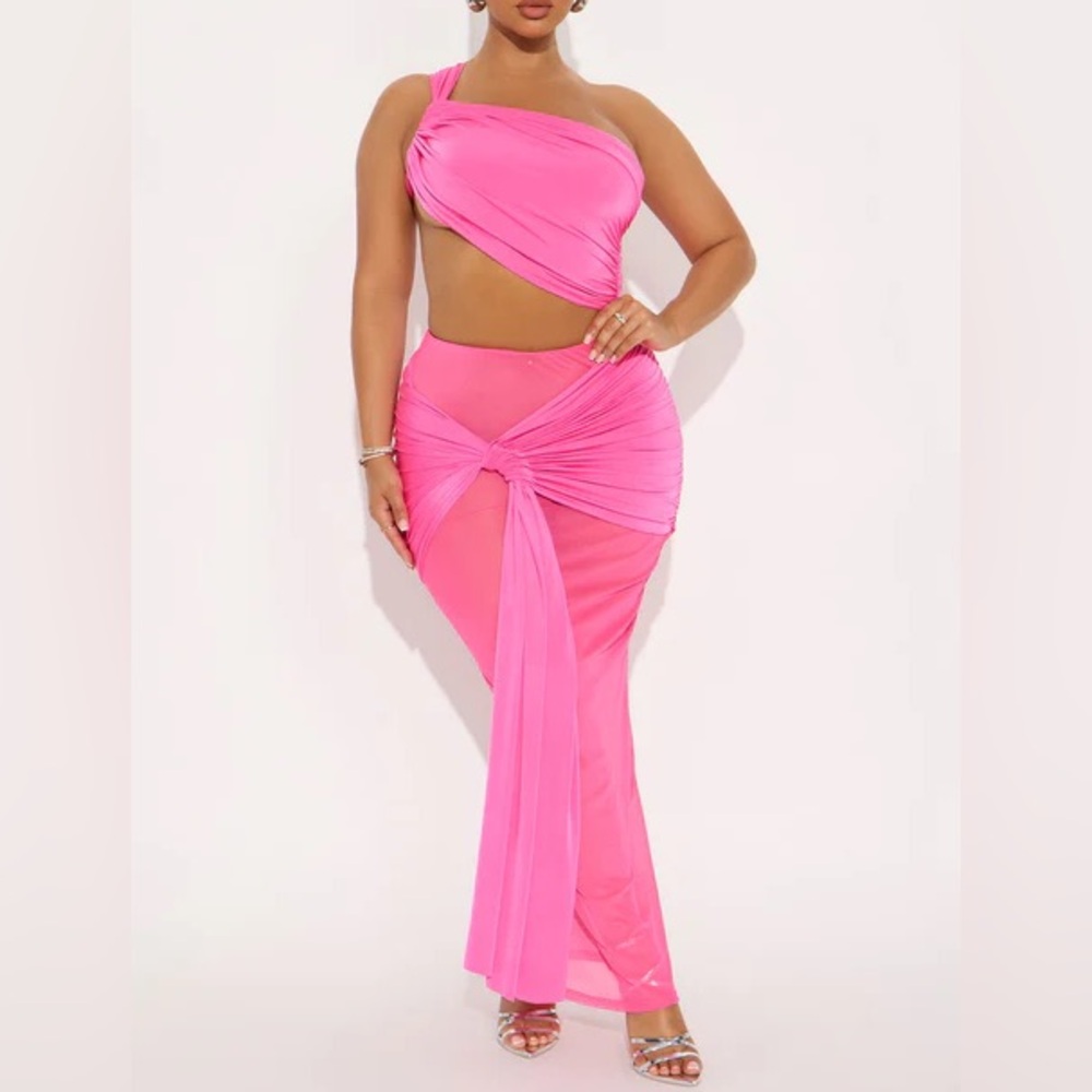 Pink One-Shoulder Cutout Mesh Maxi Dress